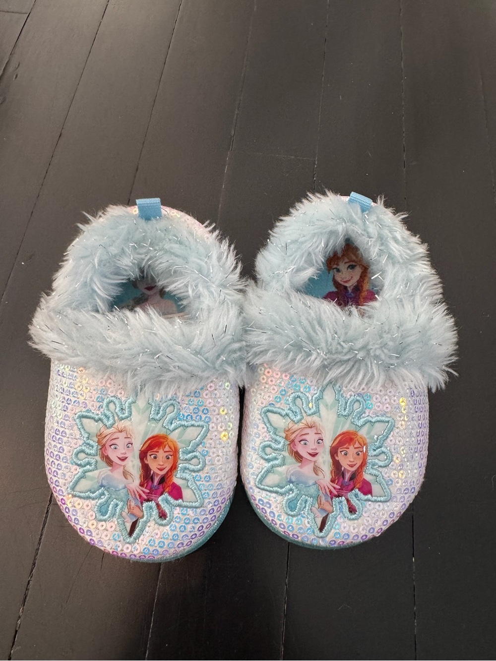 Girls' Light Blue Sequin Fuzzy Slippers with Frozen Characters